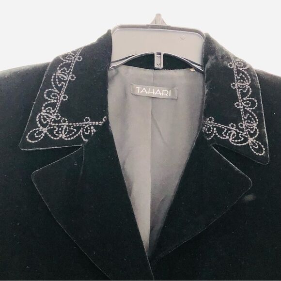 TAHARI WOMEN'S JACKET BLAZER BLACK VELOUR SIZE SMALL COLLARED 3/4 SLEEVE SILK - Picture 9 of 13